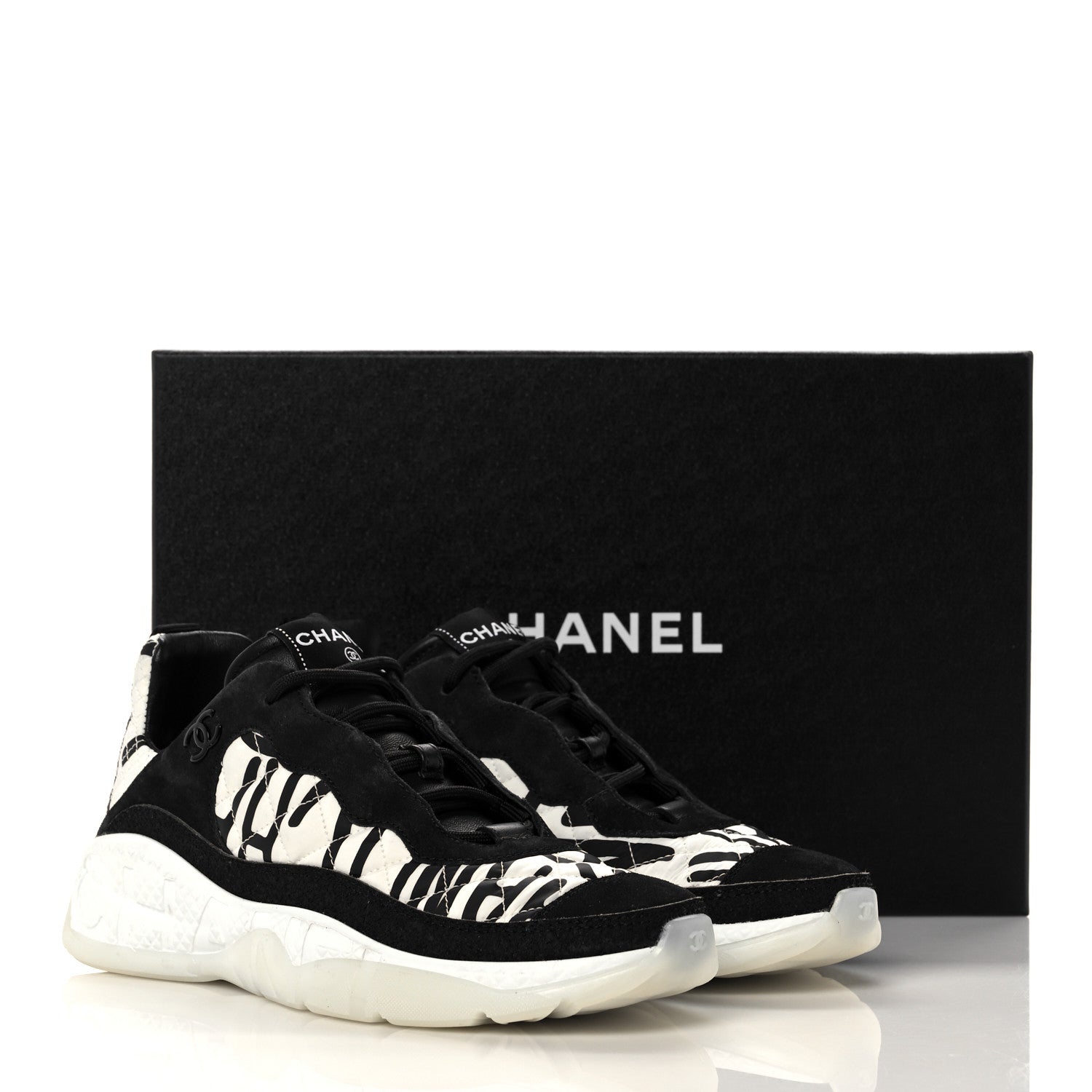 Chanel Nylon Suede Calfskin Printed Sneakers 38.5 White Black 7 of 7