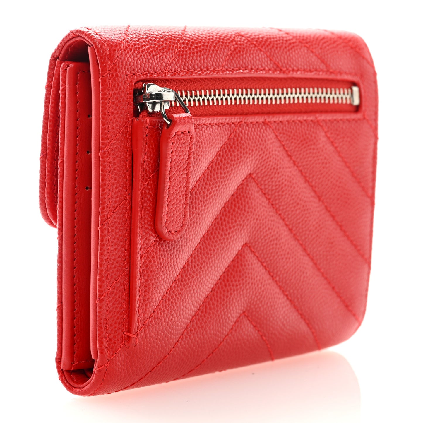 Caviar Chevron Quilted Compact Flap Wallet Red