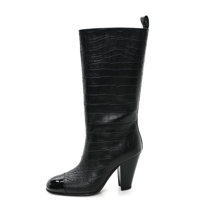 Chanel Calfskin Crocodile Embossed Cap Toe High Boots 38 Black 1 of 10