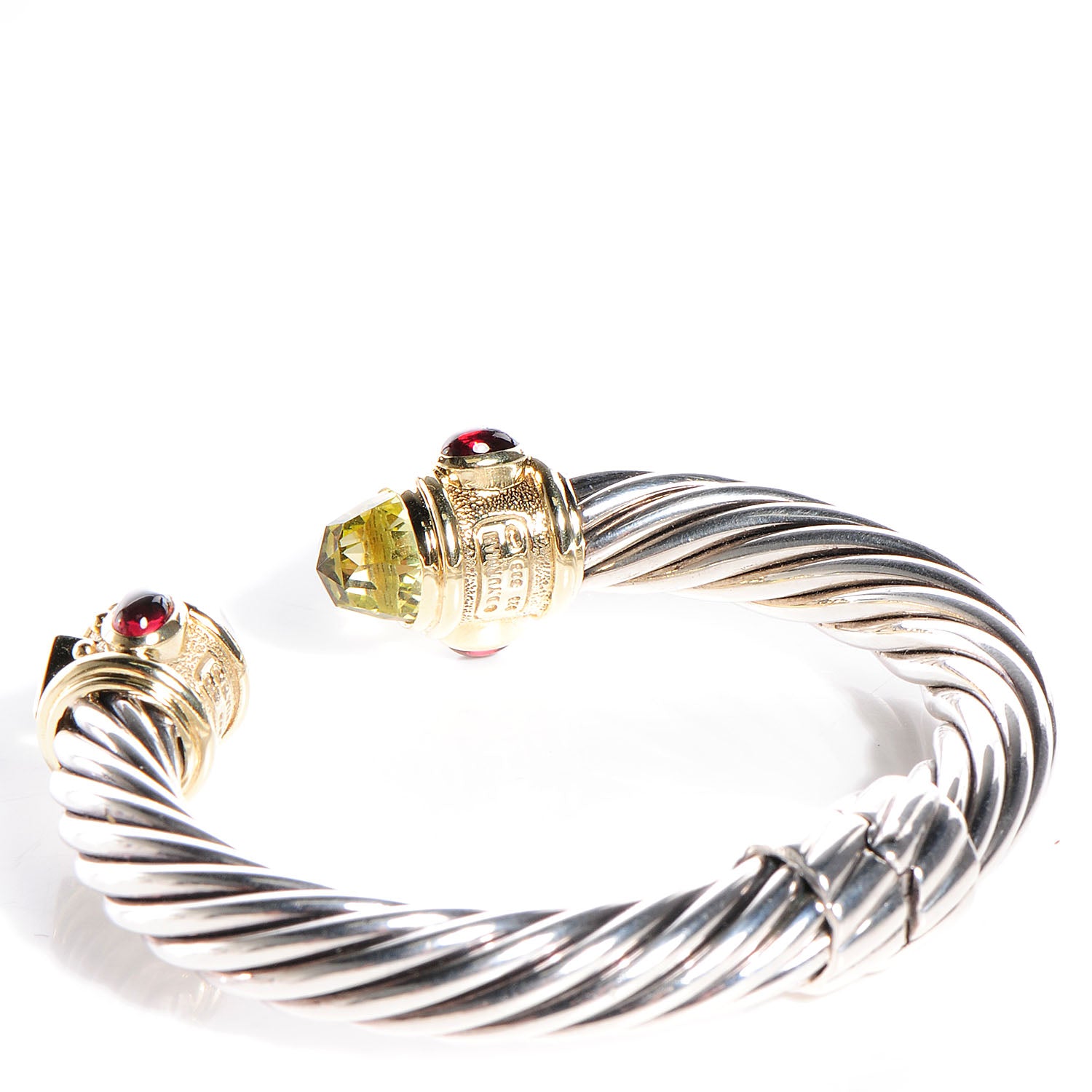 David Yurman Sterling Silver 14K Gold Garnet Iolite and Green Quartz 10mm Renaissance Cable Cuff 3 of 4