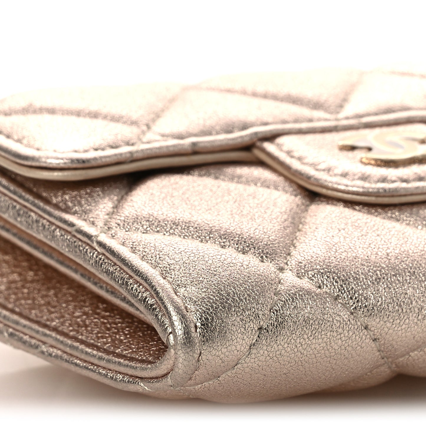 Metallic Lambskin Quilted Flap Card Holder On Chain Gold