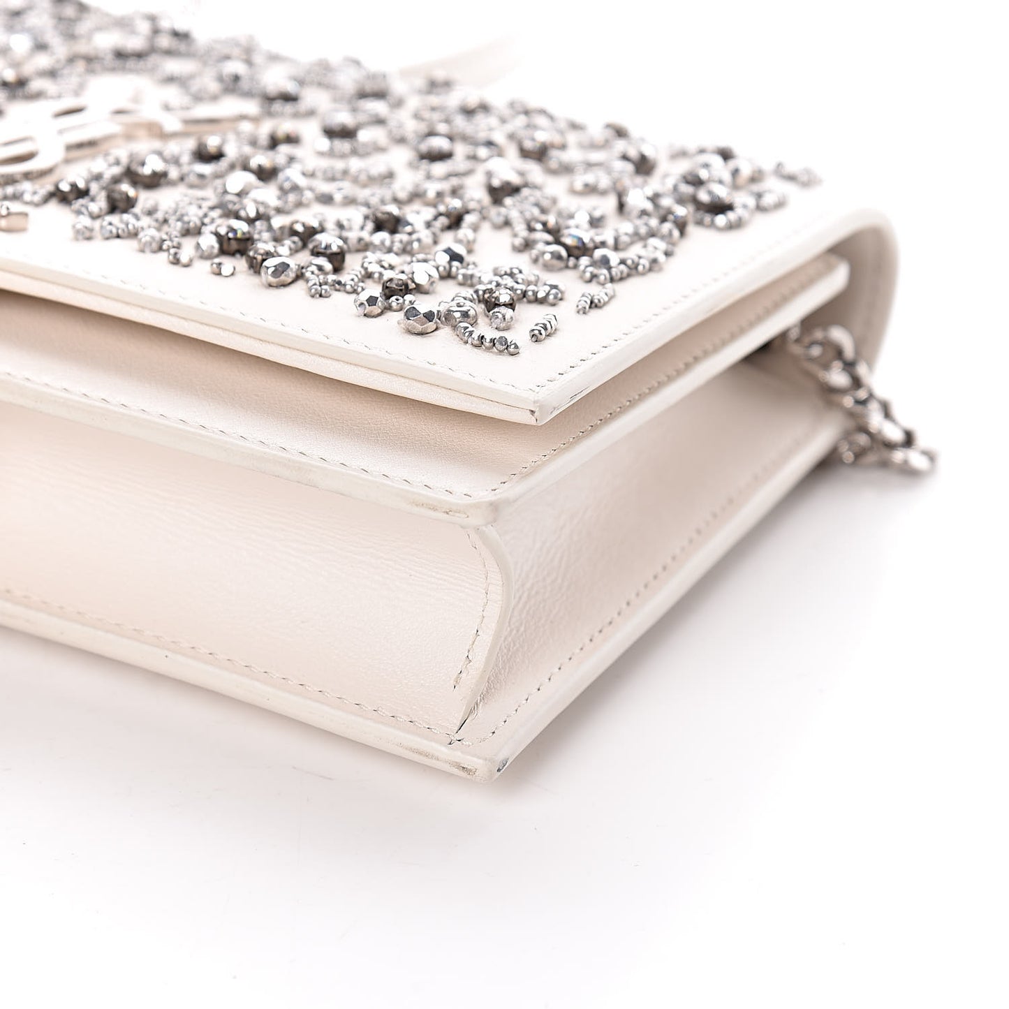 Calfskin Bead Embellished Kate Monogram Tassel Chain Wallet White