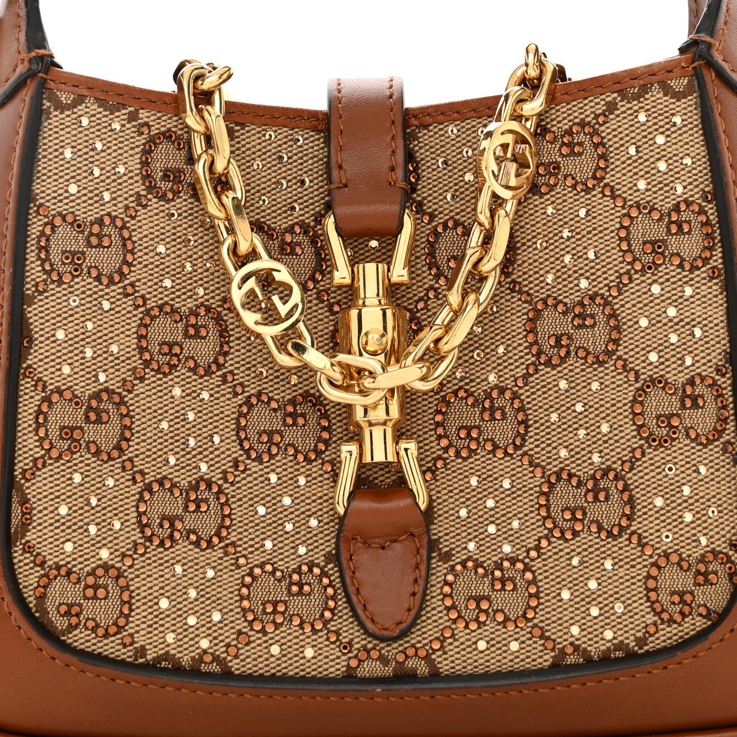 New Canvas Charisma Calfskin Crystal GG Monogram Mini Jackie 1961 Hobo Camel Ebony