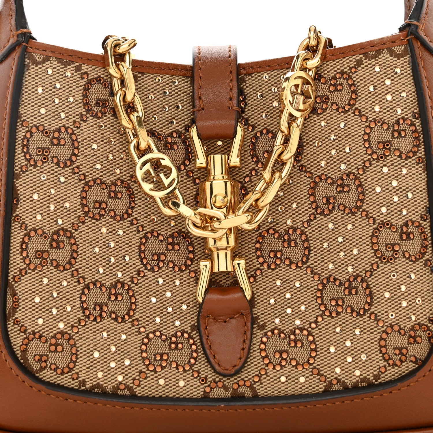 Gucci New Canvas Charisma Calfskin Crystal GG Monogram Mini Jackie 1961 Hobo Camel Ebony 9 of 11