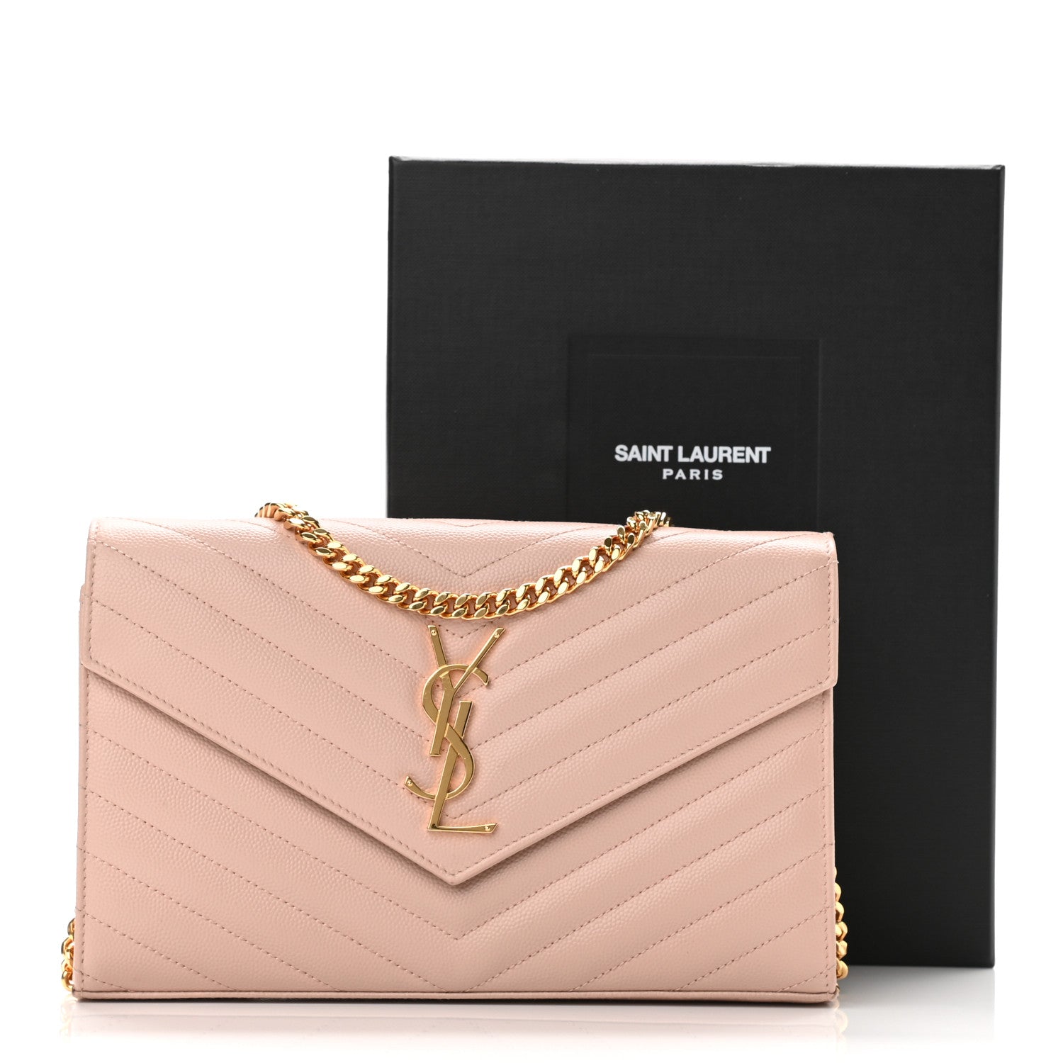 Saint Laurent Grain De Poudre Matelasse Chevron Monogram Chain Wallet Pale Pink 10 of 10