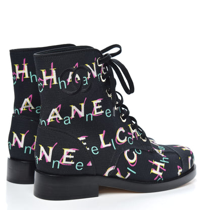 Chanel Tweed Lace Up Short Boots 38 Black Ecru Green Red 4 of 8