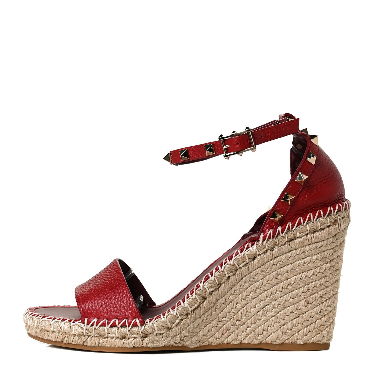 Grained Calfskin Rockstud Ankle Strap Espadrille 15/105mm Wedge Sandals 41 Rosso Valentino Natural