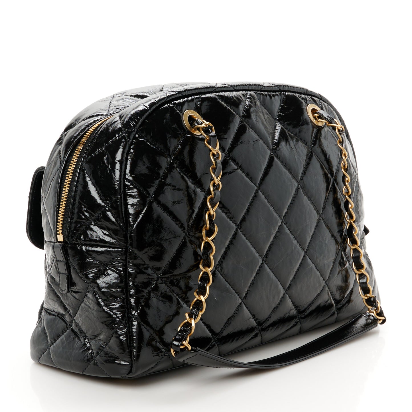 Shiny Crumpled Calfskin Quilted Large Bowling Bag Black