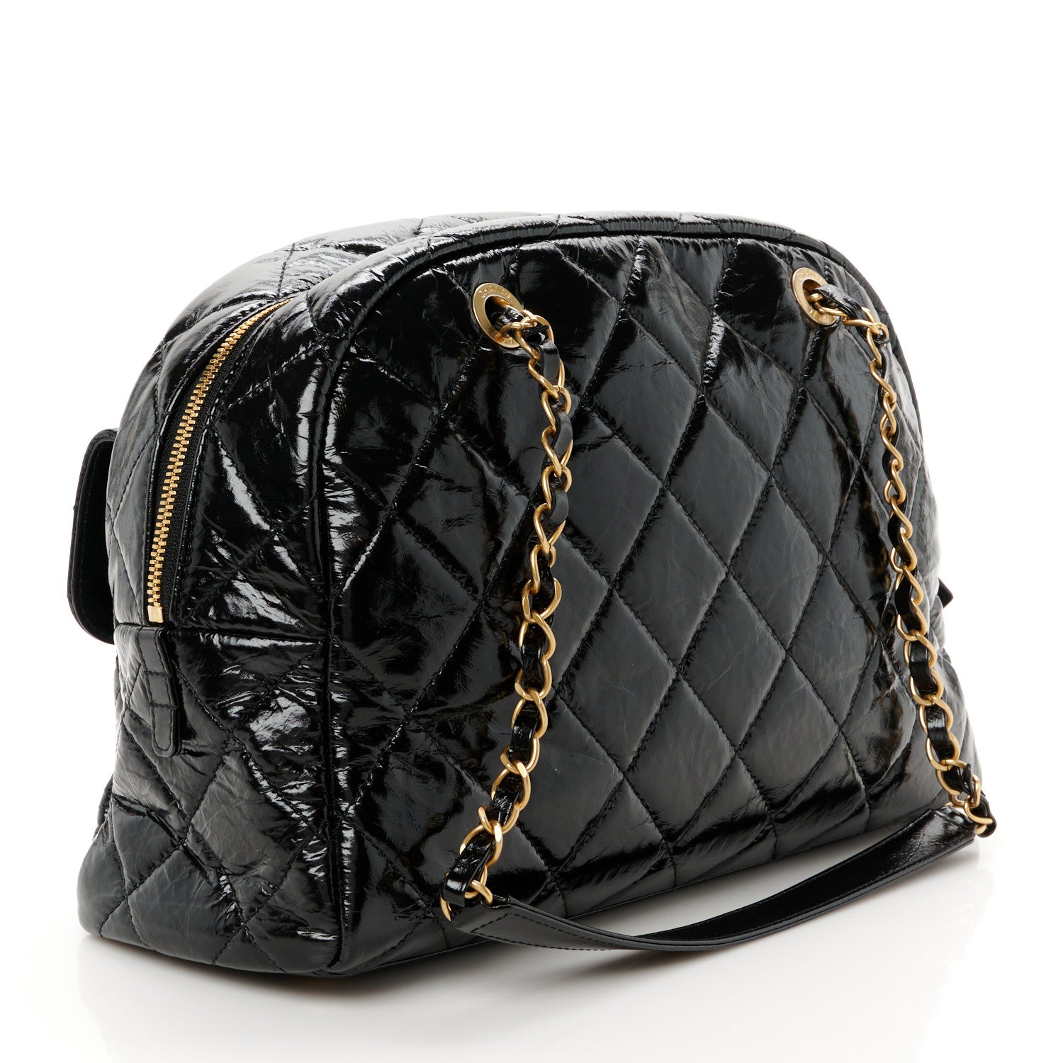 Chanel Shiny Crumpled Calfskin Quilted Large Bowling Bag Black 3 of 11