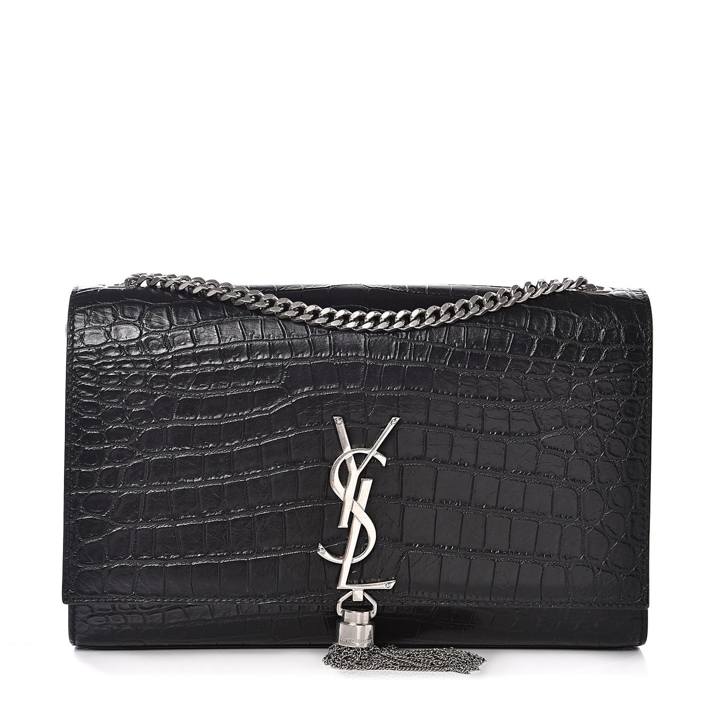 Calfskin Crocodile Embossed Medium Classic Monogram Kate Tassel Satchel Black