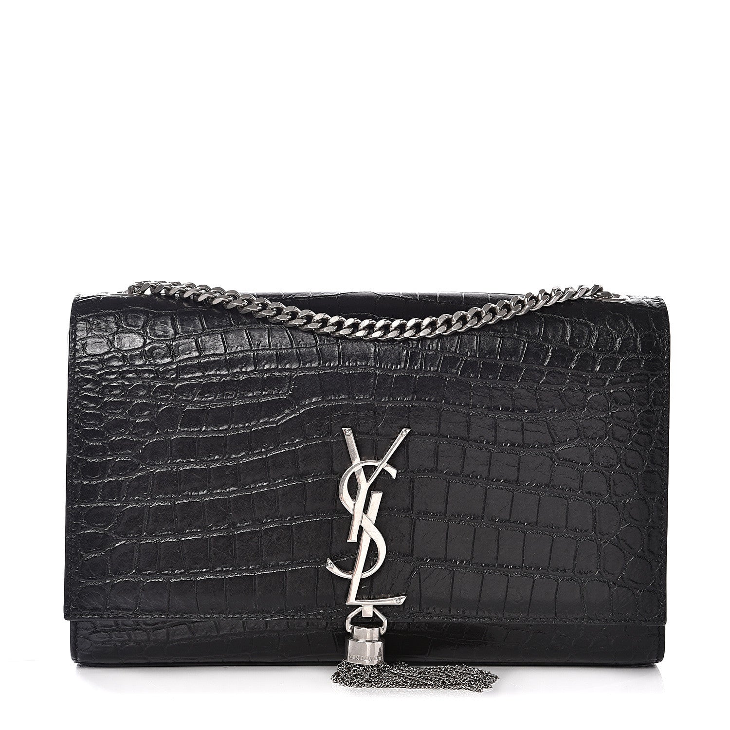 Saint Laurent Calfskin Crocodile Embossed Medium Classic Monogram Kate Tassel Satchel Black 1 of 9