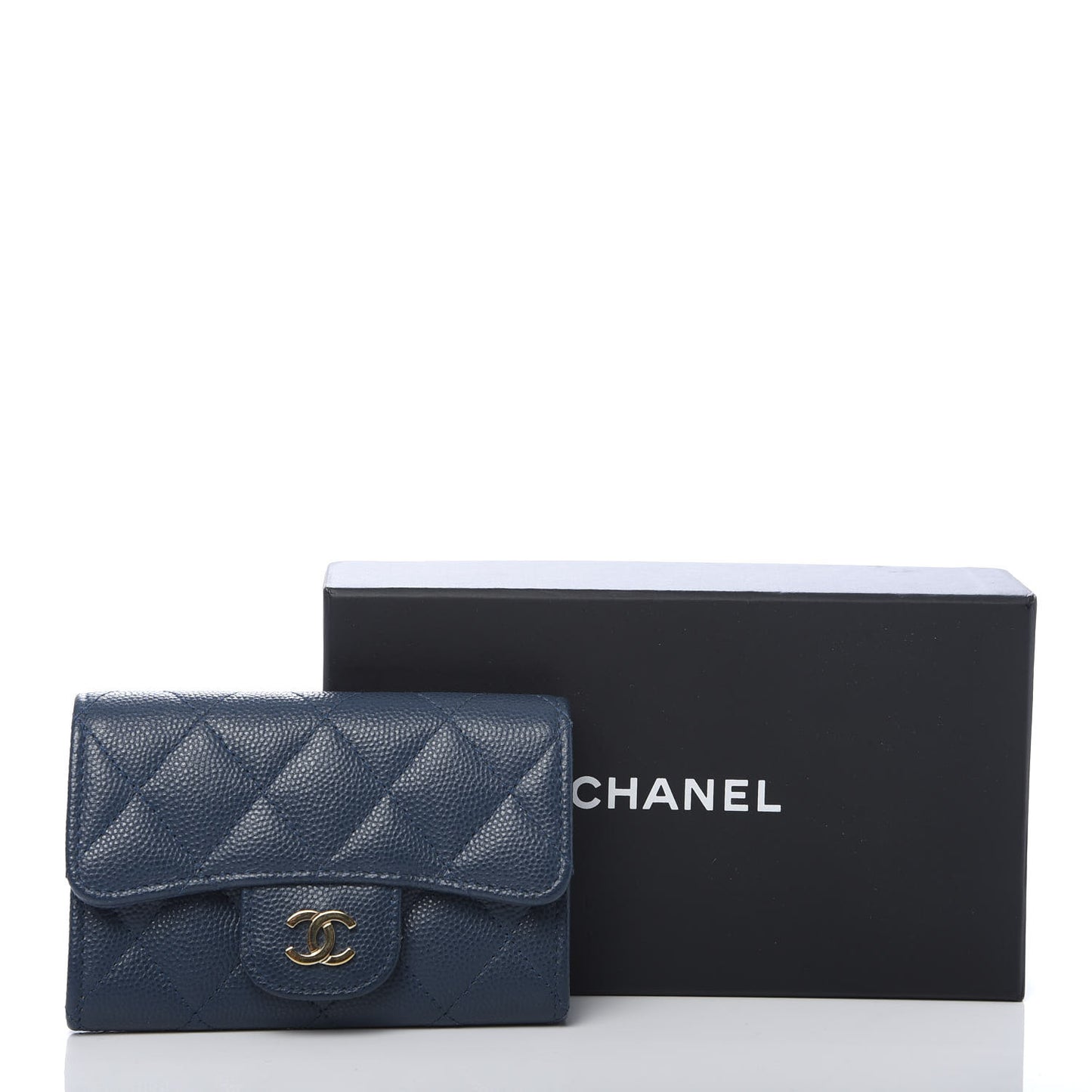 Caviar Quilted Flap Card Holder Navy Blue