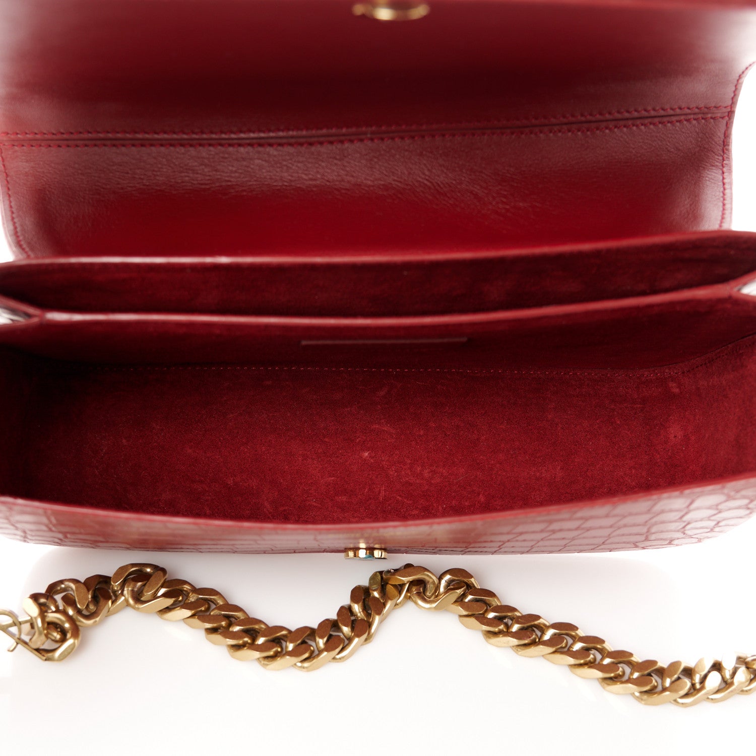 Saint Laurent Calfskin Crocodile Embossed Elise Chain Shoulder Bag Red 5 of 11