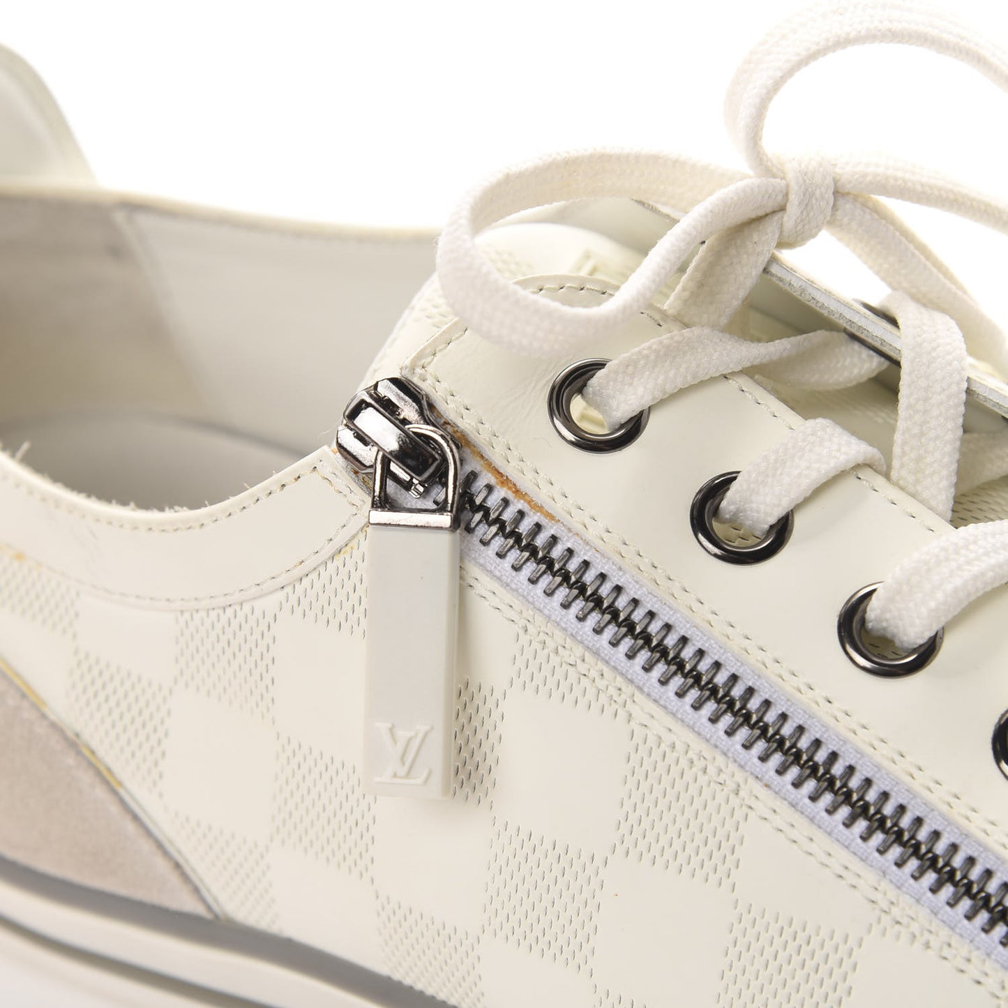 Calfskin Suede Damier Infini Mens Aventure Zip Up Sneaker 9 White