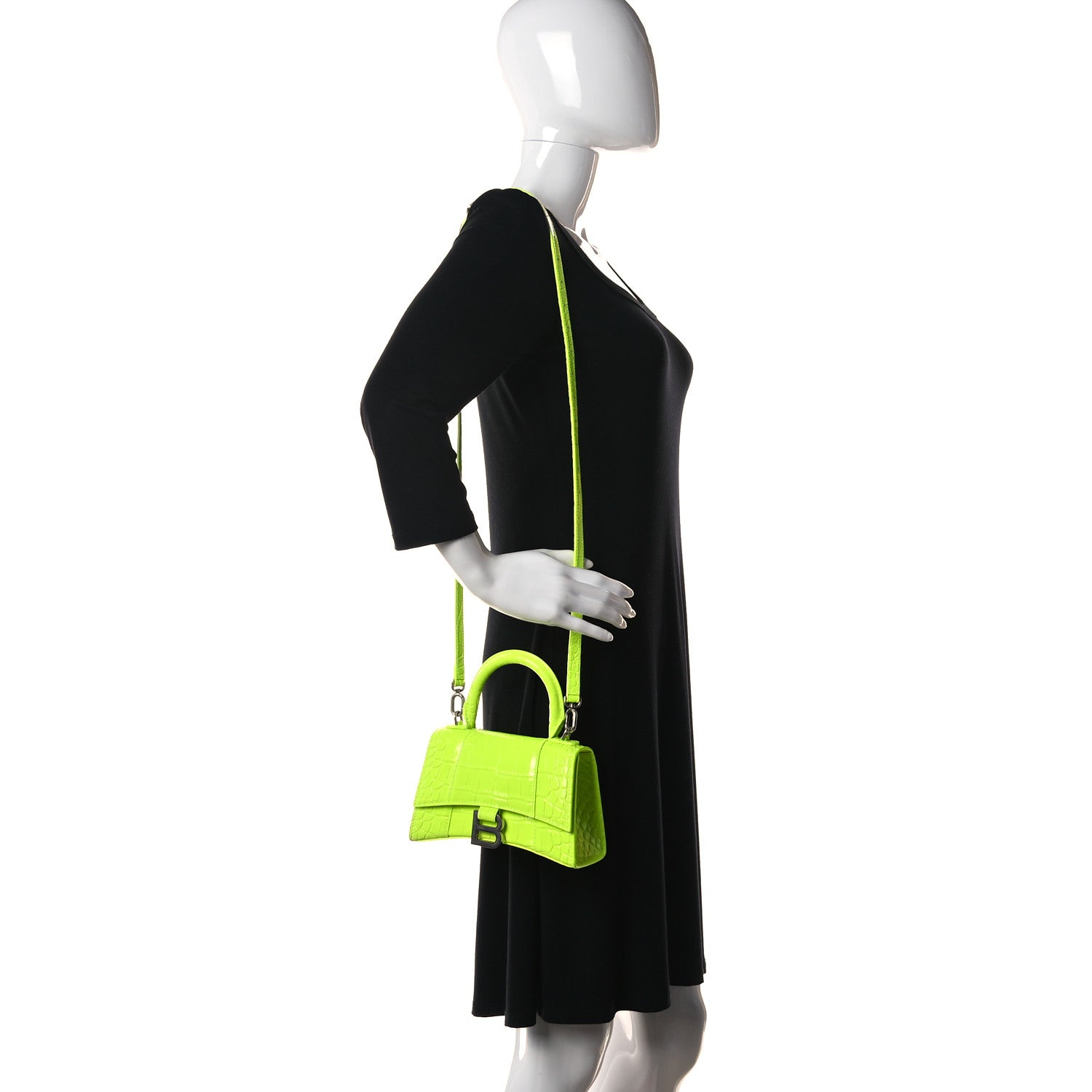 Balenciaga Shiny Calfskin Crocodile Embossed Hourglass Top Handle Bag XS Fluo Yellow 2 of 20