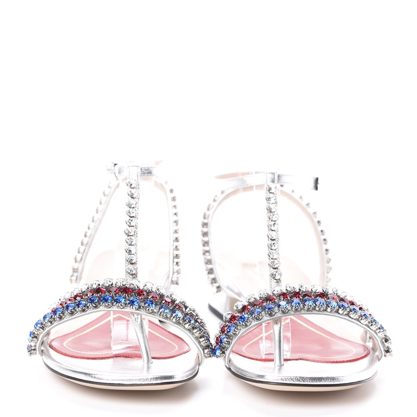 Nappa Silk Crystal Bertie T-Strap Low Heel Sandals 36.5 Argento