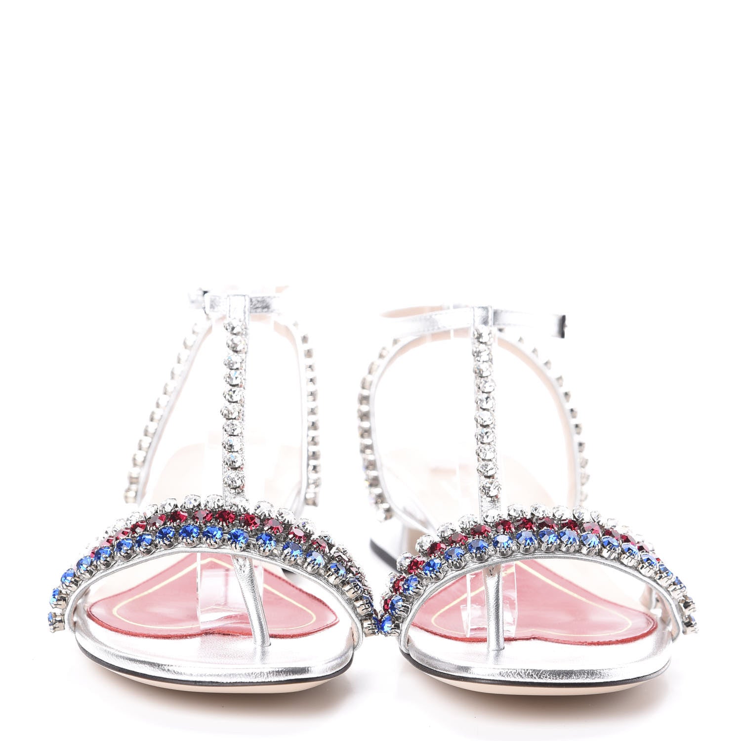 Gucci Nappa Silk Crystal Bertie T-Strap Low Heel Sandals 36.5 Argento 2 of 7