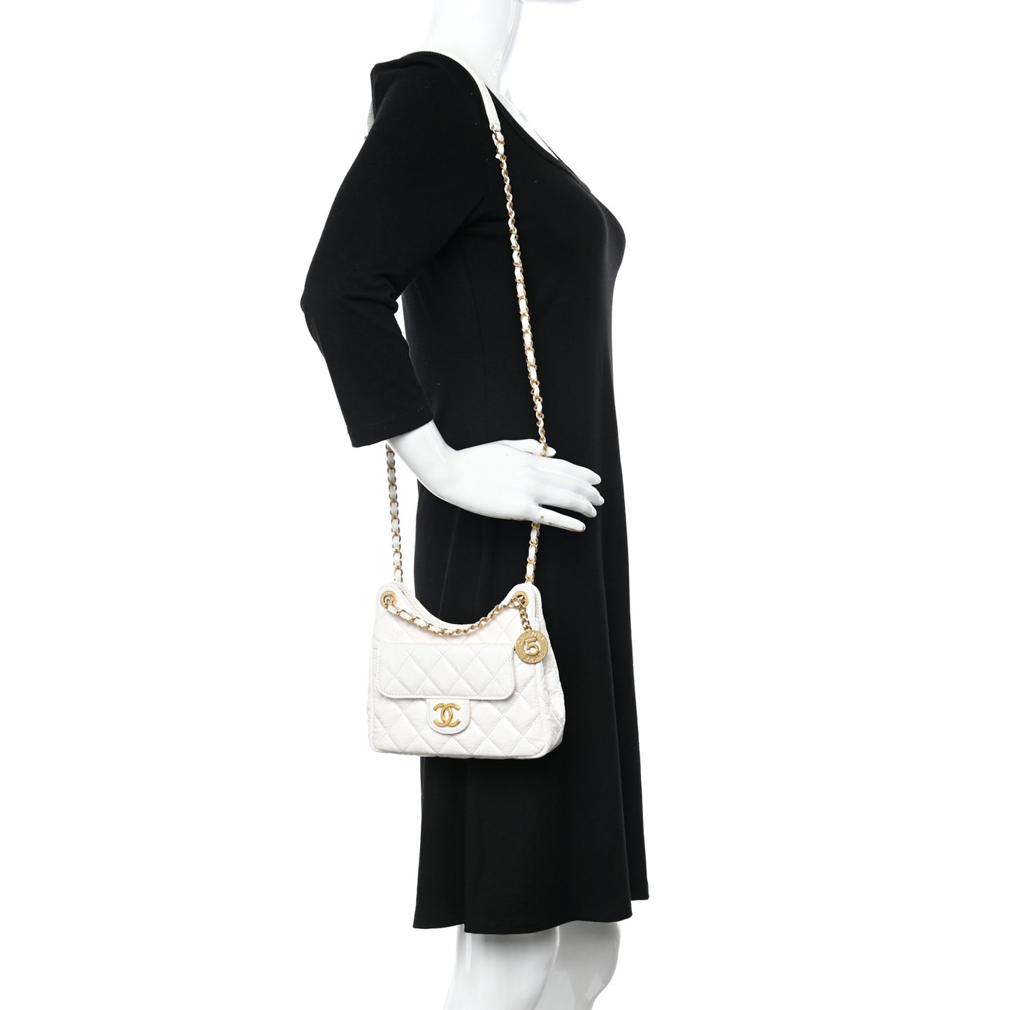 Shiny Crumpled Calfskin Quilted Small Wavy CC Hobo White