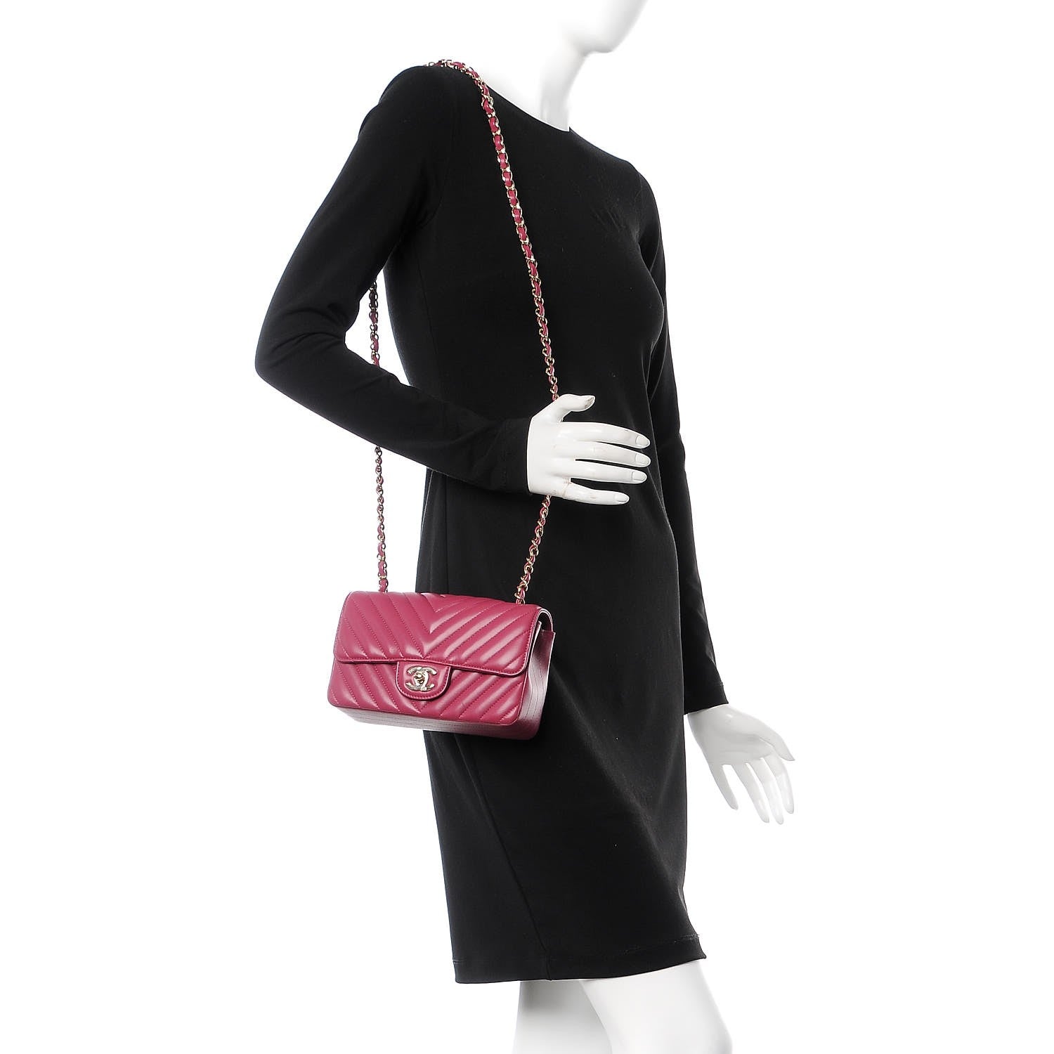 Chanel Lambskin Chevron Quilted Mini Rectangular Flap Fuchsia 2 of 8