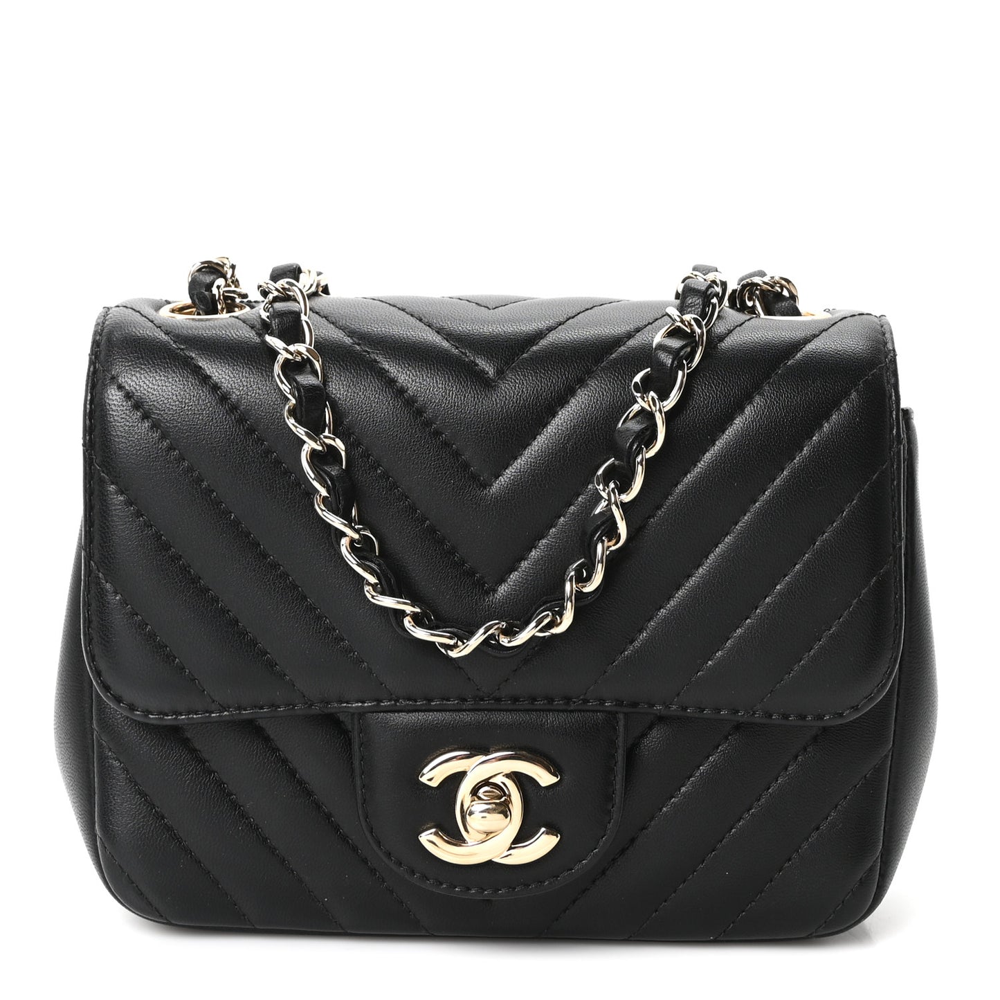 Lambskin Chevron Quilted Mini Square Flap Black