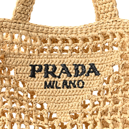 Prada Yarn Raffia Effect Crochet Logo Embroidered Small Tote Bag Naturale 7 of 9