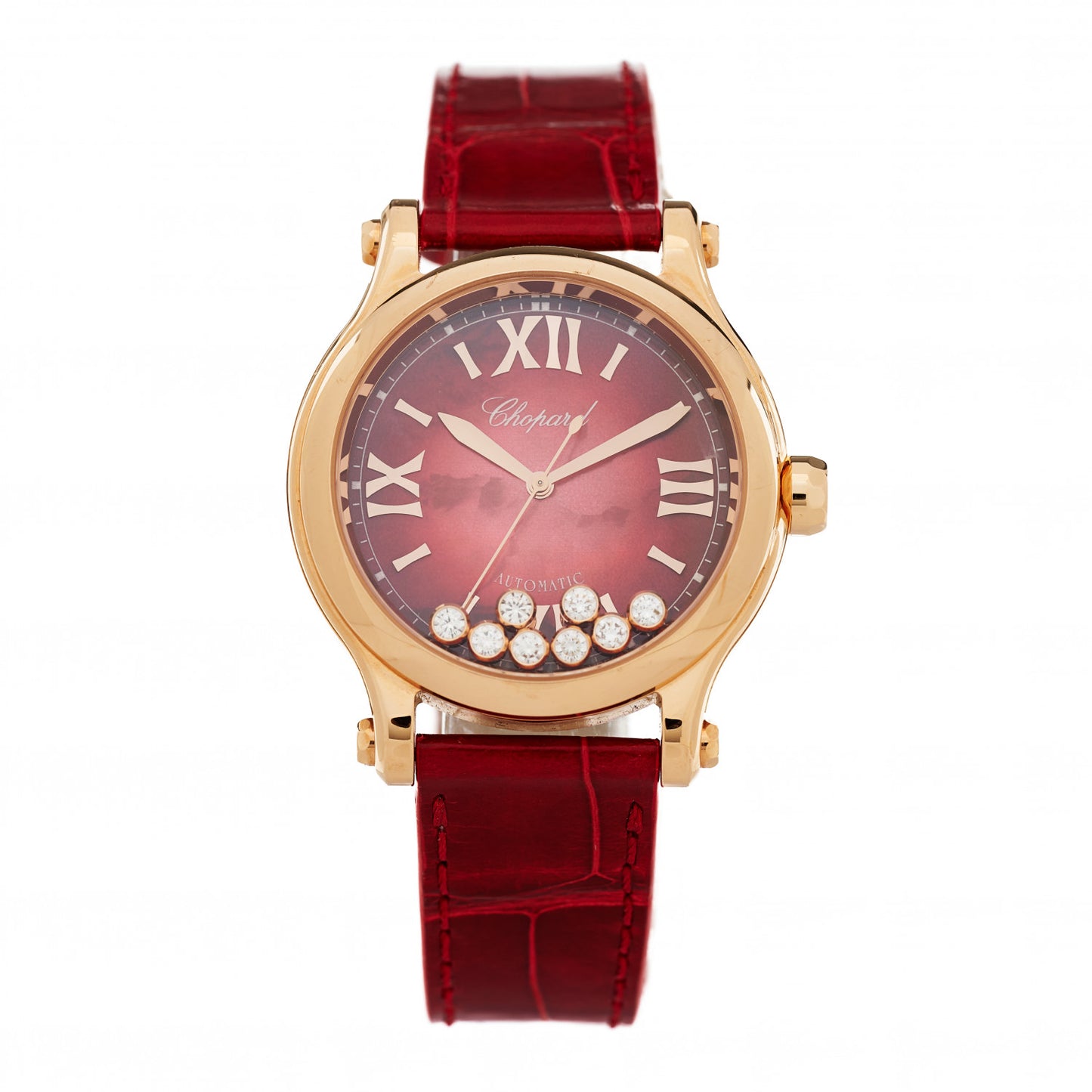 18K Rose Gold Alligator 8 Diamond 33mm Happy Sport Automatic Watch Red