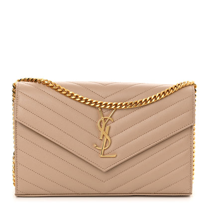 Saint Laurent Grain De Poudre Matelasse Chevron Monogram Chain Wallet Deep Beige 1 of 9