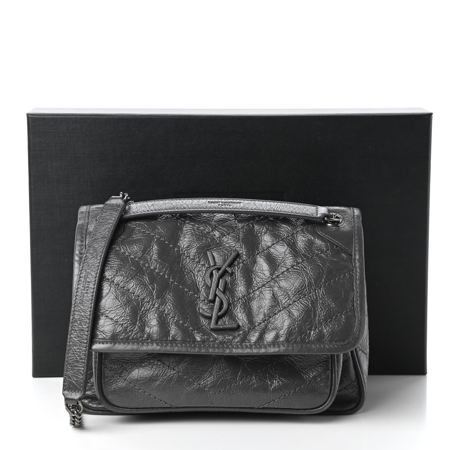 Saint Laurent Crinkled Calfskin Matelasse Monogram Baby Niki Chain Satchel Storm 11 of 11