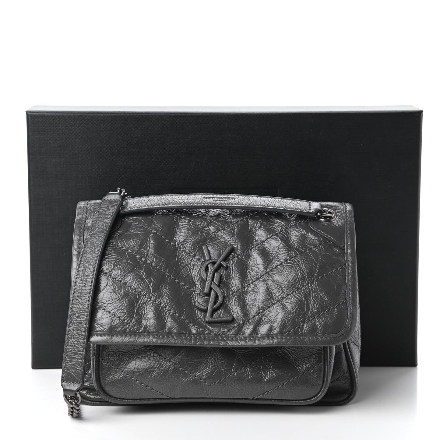 Crinkled Calfskin Matelasse Monogram Baby Niki Chain Satchel Storm