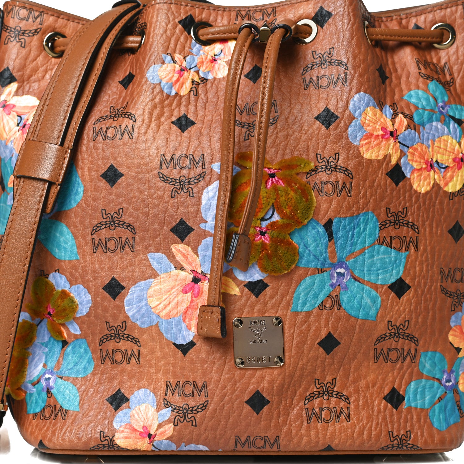 MCM Visetos Floral Print Small Drawstring Bucket Bag Cognac 8 of 14