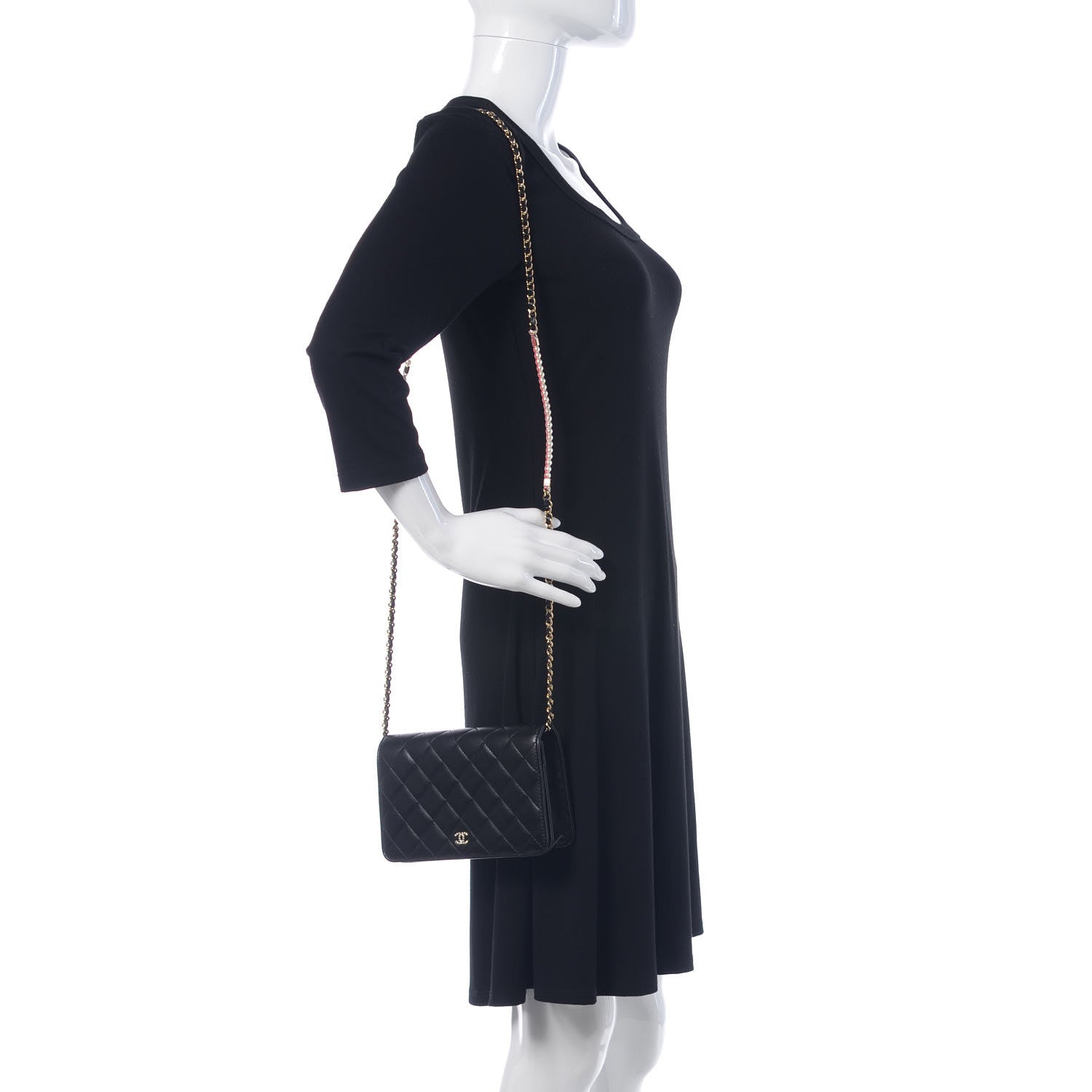 Chanel Lambskin Quilted Pearl Wallet On Chain WOC Black 2 of 13