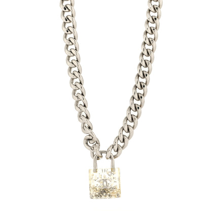 Chanel Resin CC Oversized Padlock Chain Necklace Silver Pearly White 1 of 5