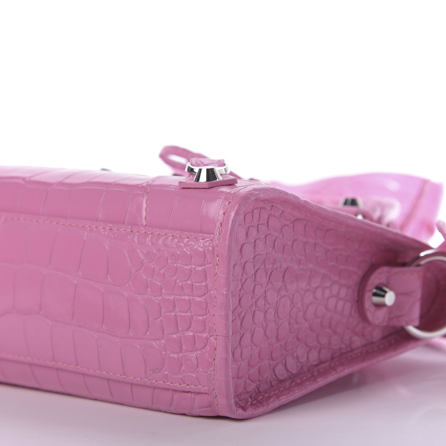 Shiny Supple Calfskin Crocodile Embossed Classic Silver Hardware Mini City Baby Pink