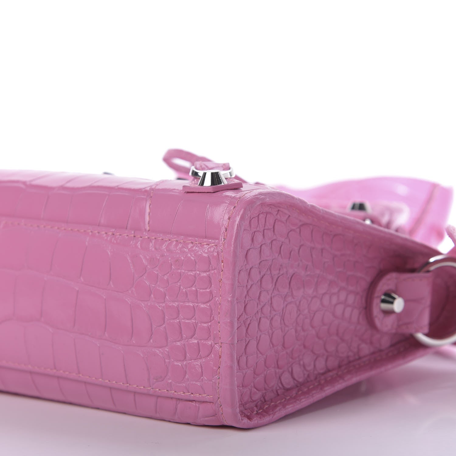 Balenciaga Shiny Supple Calfskin Crocodile Embossed Classic Silver Hardware Mini City Baby Pink 7 of 9