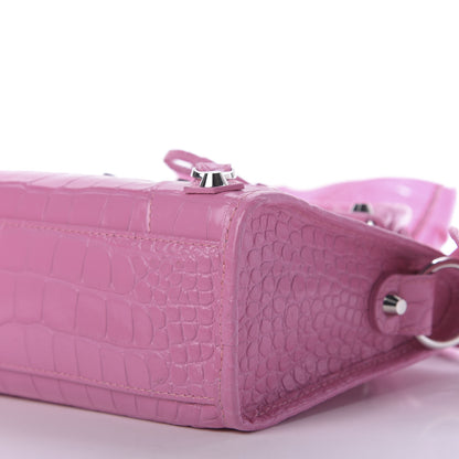 Balenciaga Shiny Supple Calfskin Crocodile Embossed Classic Silver Hardware Mini City Baby Pink 7 of 9
