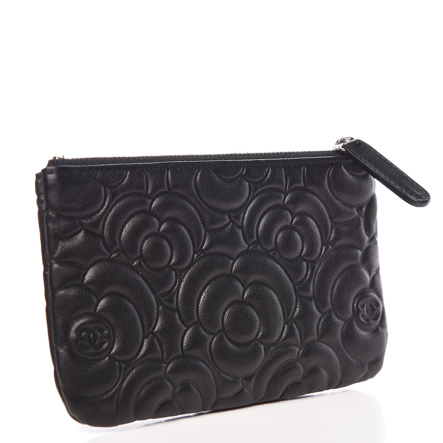 Goatskin Camellia Embossed Cosmetic Pouch Black