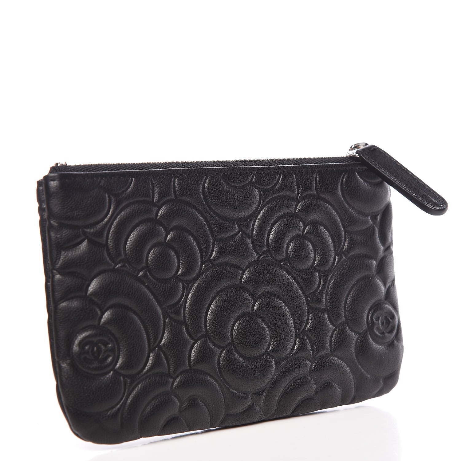 Chanel Goatskin Camellia Embossed Cosmetic Pouch Black 3 of 7