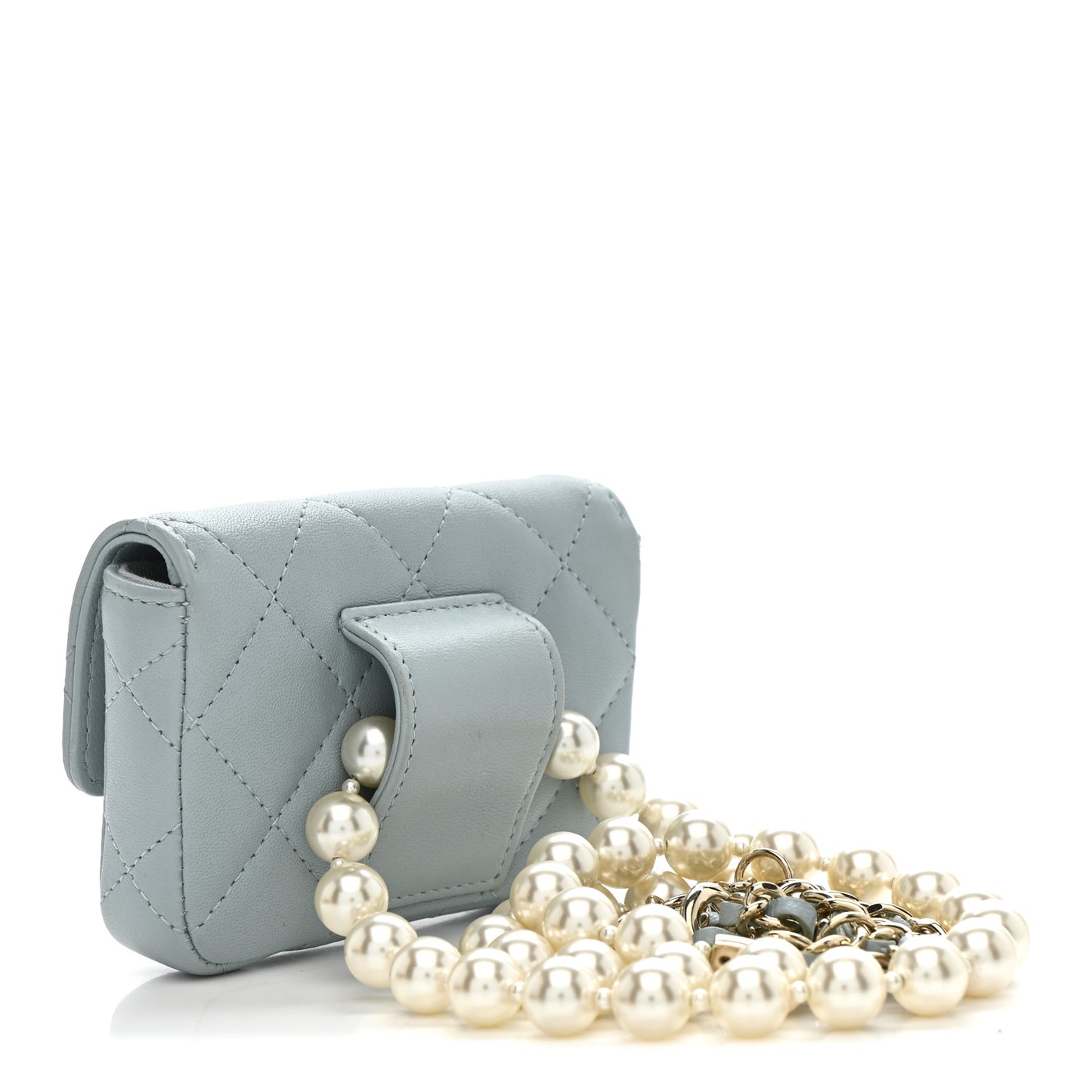 Lambskin Quilted Pearl Chain Belt Bag Light Blue