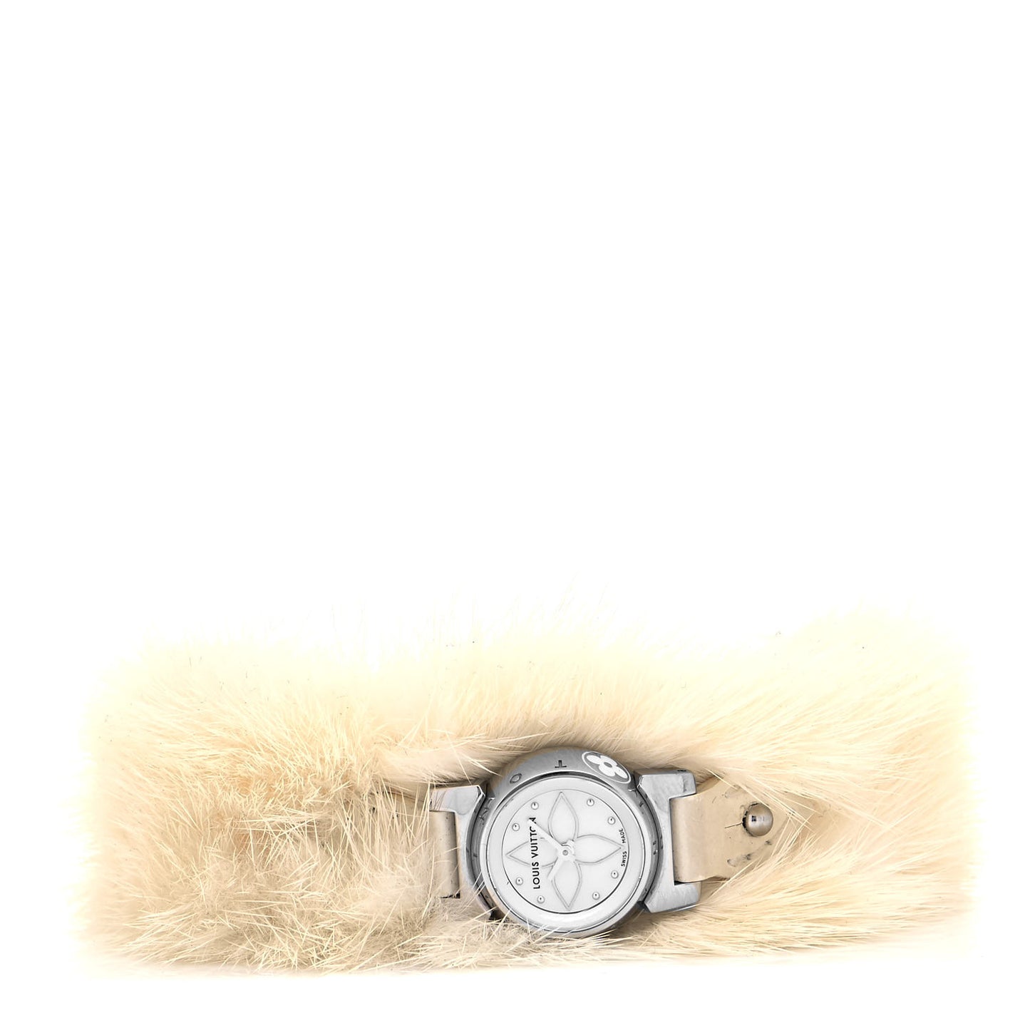 Stainless Steel Calfskin Mother of Pearl Fur 18mm Tambour Bijou Quartz Watch