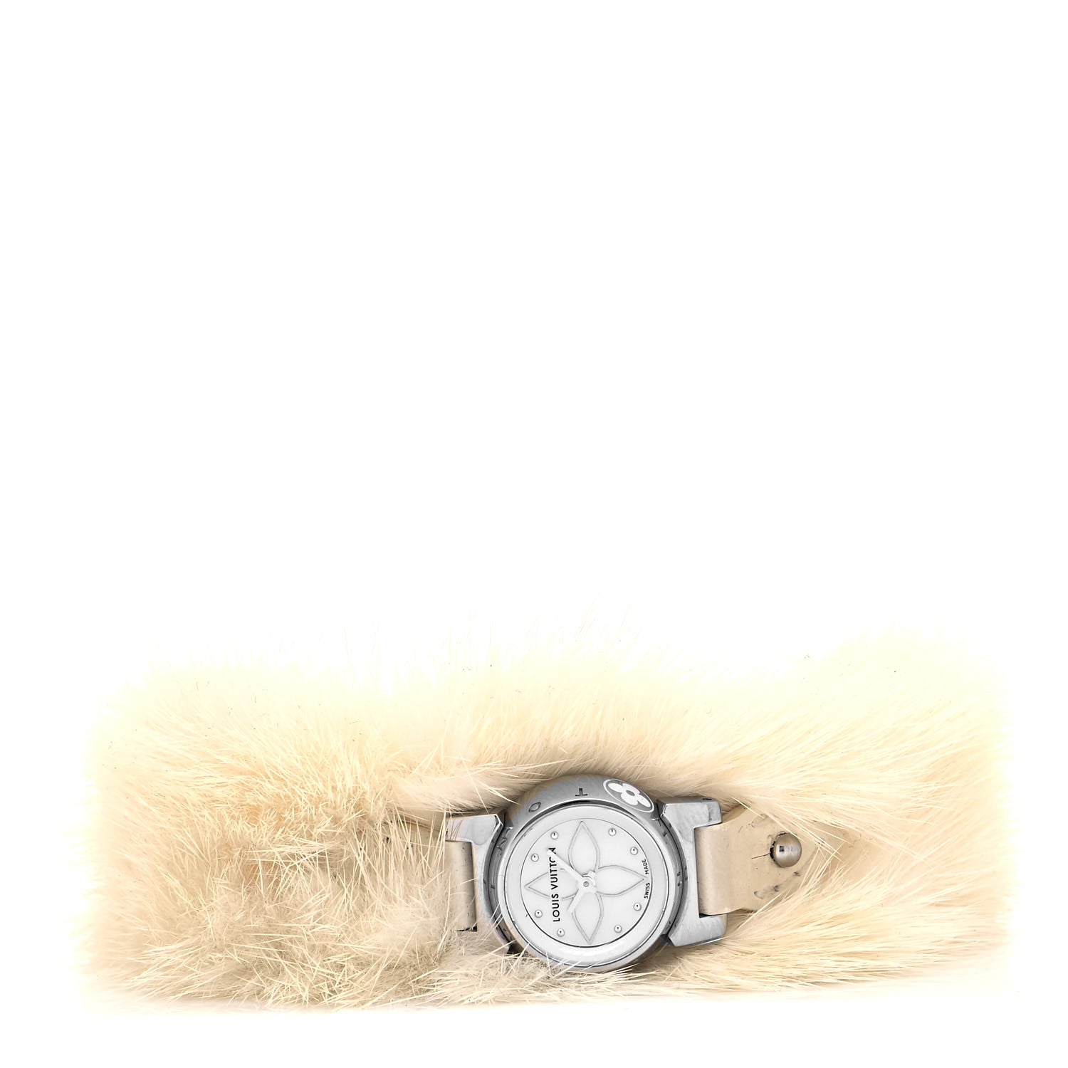 Louis Vuitton Stainless Steel Calfskin Mother of Pearl Fur 18mm Tambour Bijou Quartz Watch 2 of 4