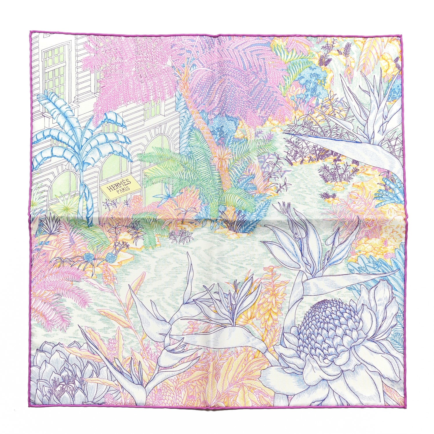 Hermes Silk Twill Faubourg Tropical Square 45 Rose Bleu Vert 1 of 4