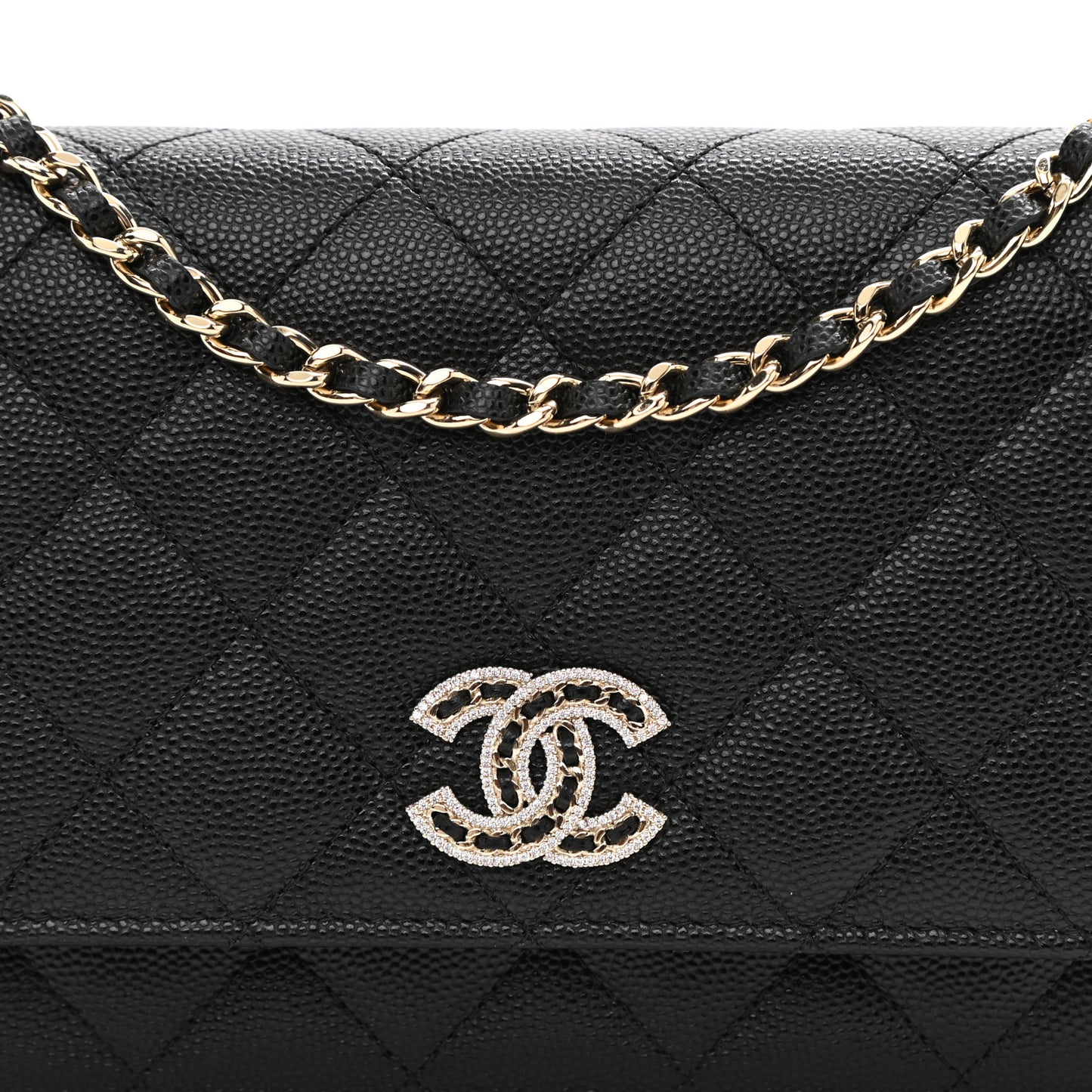 Caviar Quilted Crystal CC Wallet On Chain WOC Black