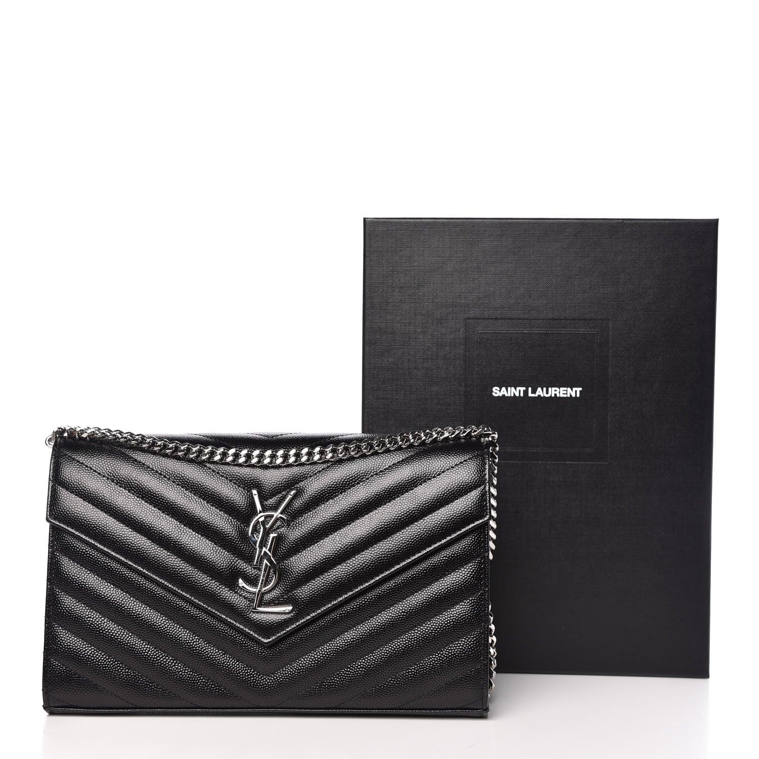 Saint Laurent Grain De Poudre Matelasse Chevron Medium Monogram Chain Wallet Black 9 of 9
