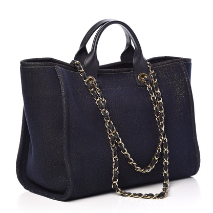 Chanel Lurex Canvas Medium Deauville Tote Navy Blue Gold 3 of 13