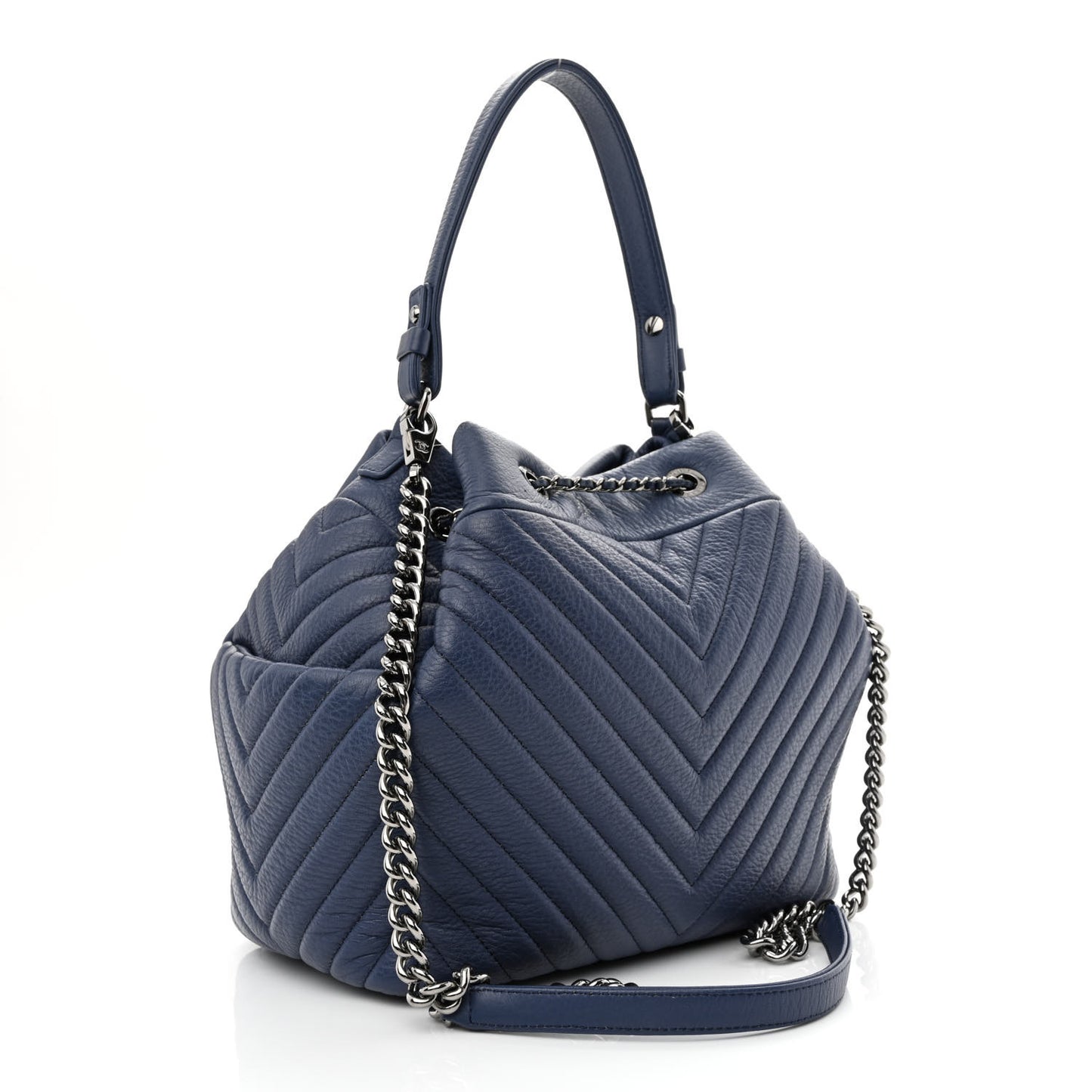 Deerskin Chevron Medium CC Chain Bucket Drawstring Bag Navy Blue