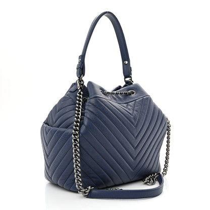 Chanel Deerskin Chevron Medium CC Chain Bucket Drawstring Bag Navy Blue 2 of 9