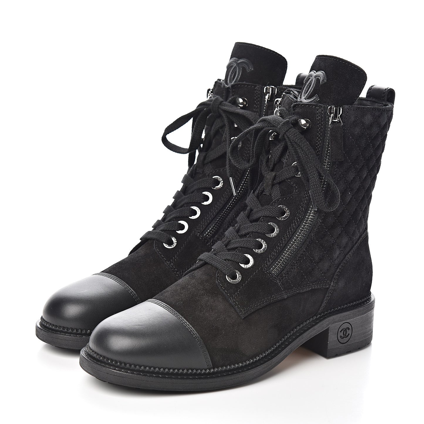 Suede Quilted CC Lace Up Combat Boots 40 Black