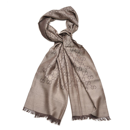 Gucci Wool Silk Monogram Fringe Scarf Brown 1 of 7