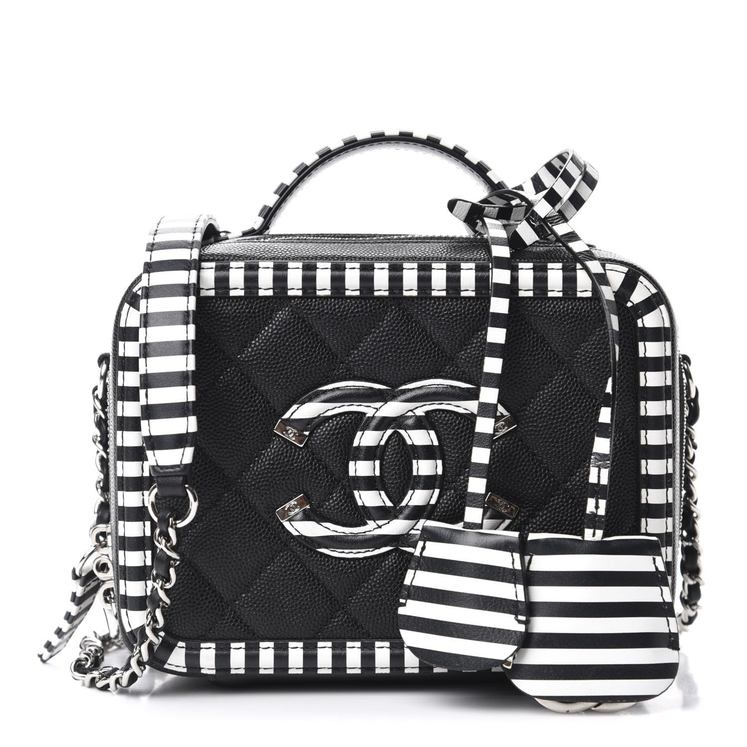 Chanel Caviar Quilted Striped Small CC Filigree Vanity Case Black White 1 of 10