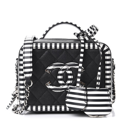 Chanel Caviar Quilted Striped Small CC Filigree Vanity Case Black White 1 of 10